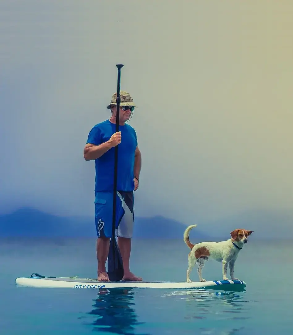 Man and dog surf